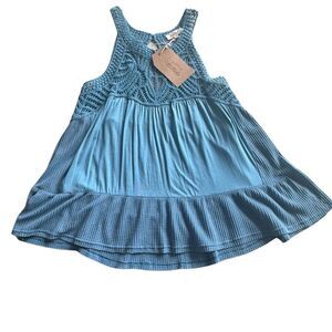 Listicle Women’s NWT Crochet Blue Trapeze Top Size Large Halter Neck Swing Top
